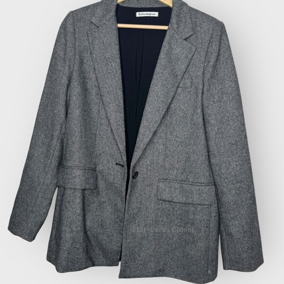Reformation Camley Wool Blend Blazer Coat M Gray Herringbone Academia Chic - Picture 7 of 11
